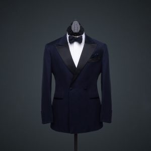 Midnight blue double breasted satin tactical dinner jacket with Opscore respirator