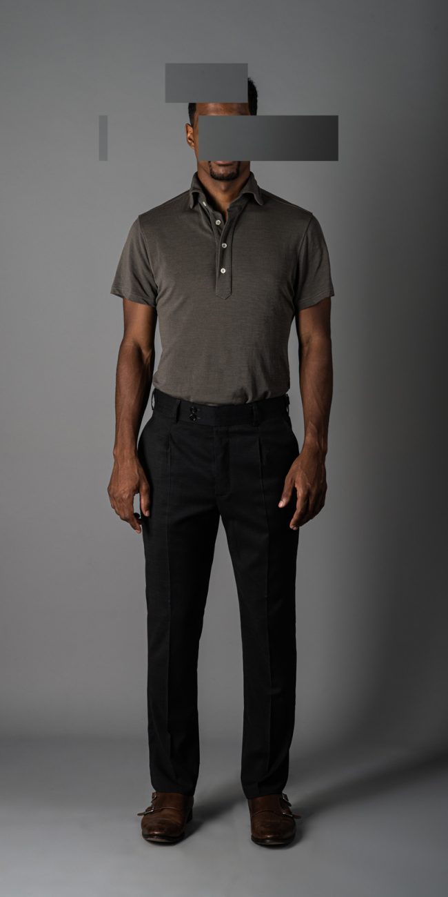 Redacted man wearing taupe olive merino pique polo shirt by Grayman and Company